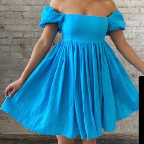 🆕 AQUA BLUE PUFF SLEEVE BABYDOLL MINI DRESS - Picture 3 of 6